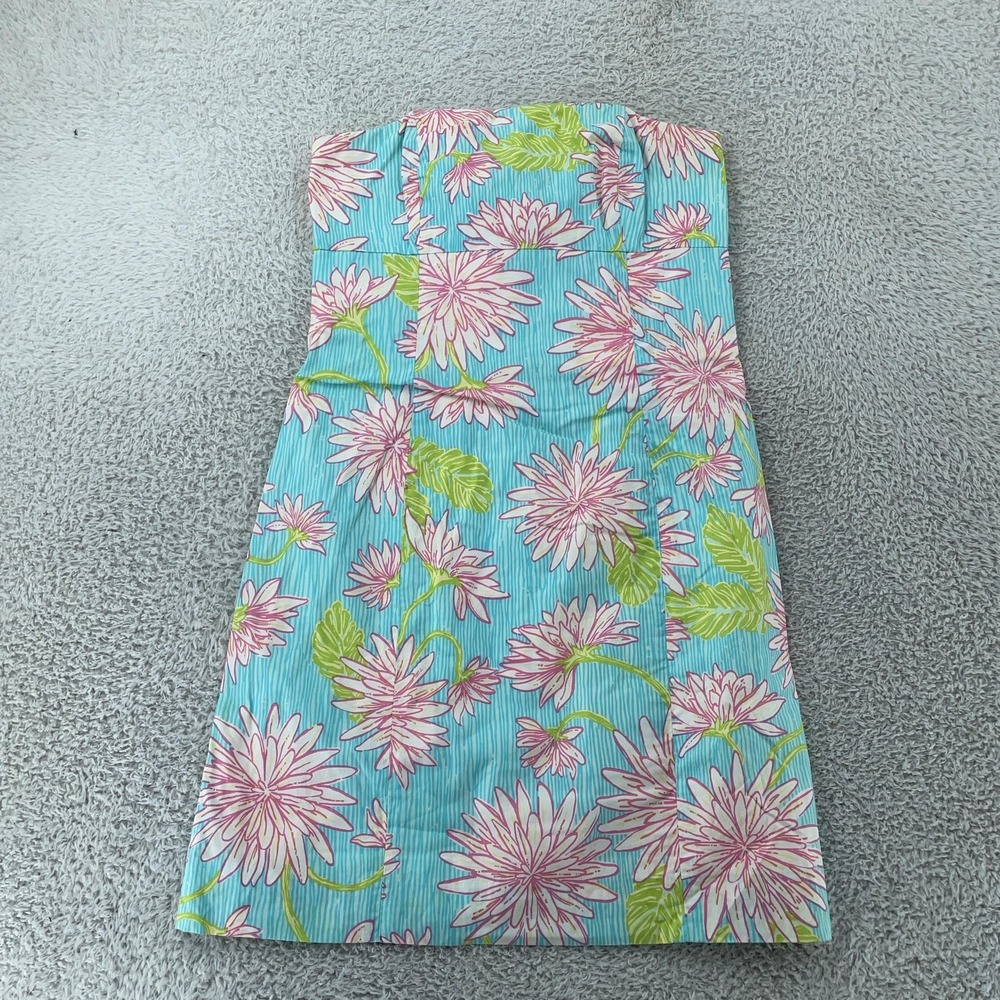 Lilly Pulitzer Strapless Dress Womens 2 Blue Pink‎ Floral Bow Back Sundress Mini - Picture 1 of 10
